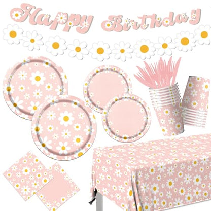 142PCS Daisy Birthday Party Tableware Set,Pink Groovy Daisy Flower Supplies Include Daisy Plates and Napkins Cup Tablecloth Banner for Retro Theme