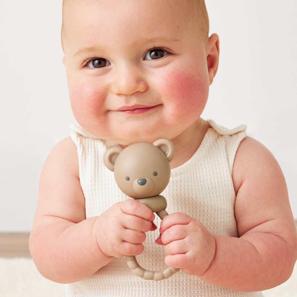 Itzy Ritzy Silicone Rattle Toy - Soothing Teething Toy with Soft Jingle Sound & Easy-Grip Textured Handle - for Ages 3 Months and Up (Bear)