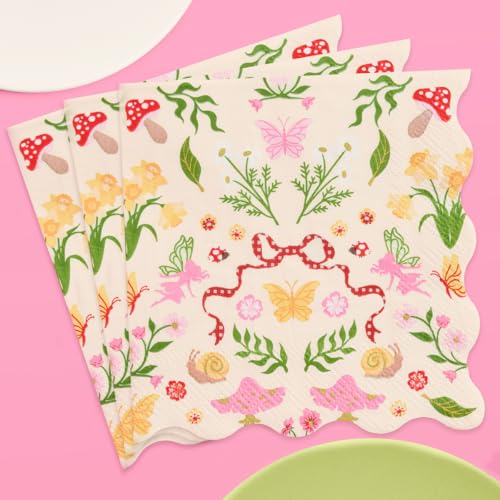 xo, Fetti Garden Fairy Napkins - 25 ct | Woodland Party Decorations, Spring Tea Party, Kids Birthday, Butterfly, Mushrooms, Pink Floral, Gingham