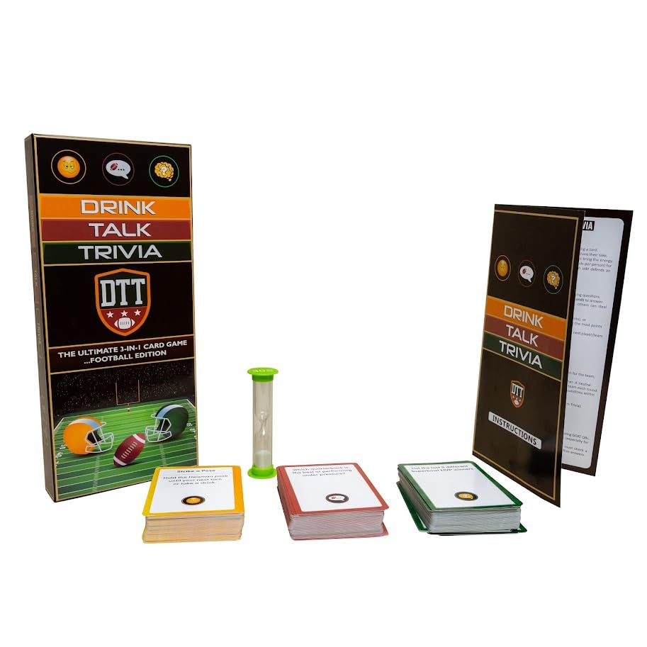 Plearn Pieces Drink Talk Trivia - 3-in-1 Football Card Game for Fans | Tailgate, Pregame & Party Game with Drinking Prompts, Hot Take Debates