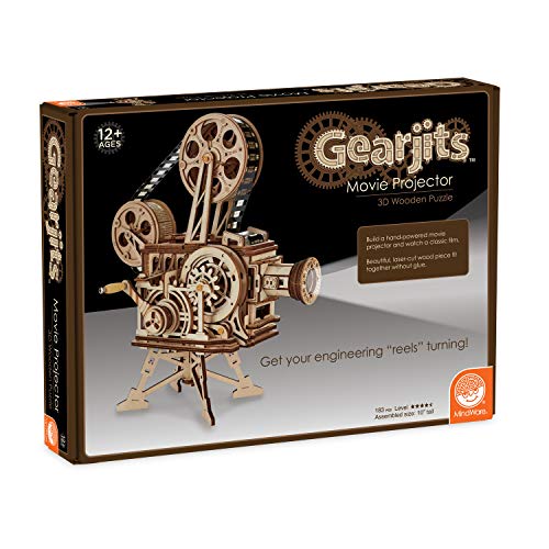 MindWare Gearjits Movie Projector - Wooden 3D Mechanical Model Kit for Adults and Teens, Build Your Own Working Projector