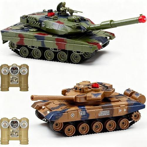 Fistone 1/24 RC Battle Tank Set - Remote Control T90 & Leopard Tanks with Realistic Sounds, Lights, Life Indicators, and Spray Effects - Military Toy