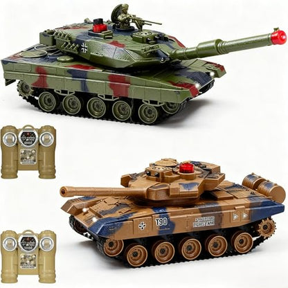 Fistone 1/24 RC Battle Tank Set - Remote Control T90 & Leopard Tanks with Realistic Sounds, Lights, Life Indicators, and Spray Effects - Military Toy