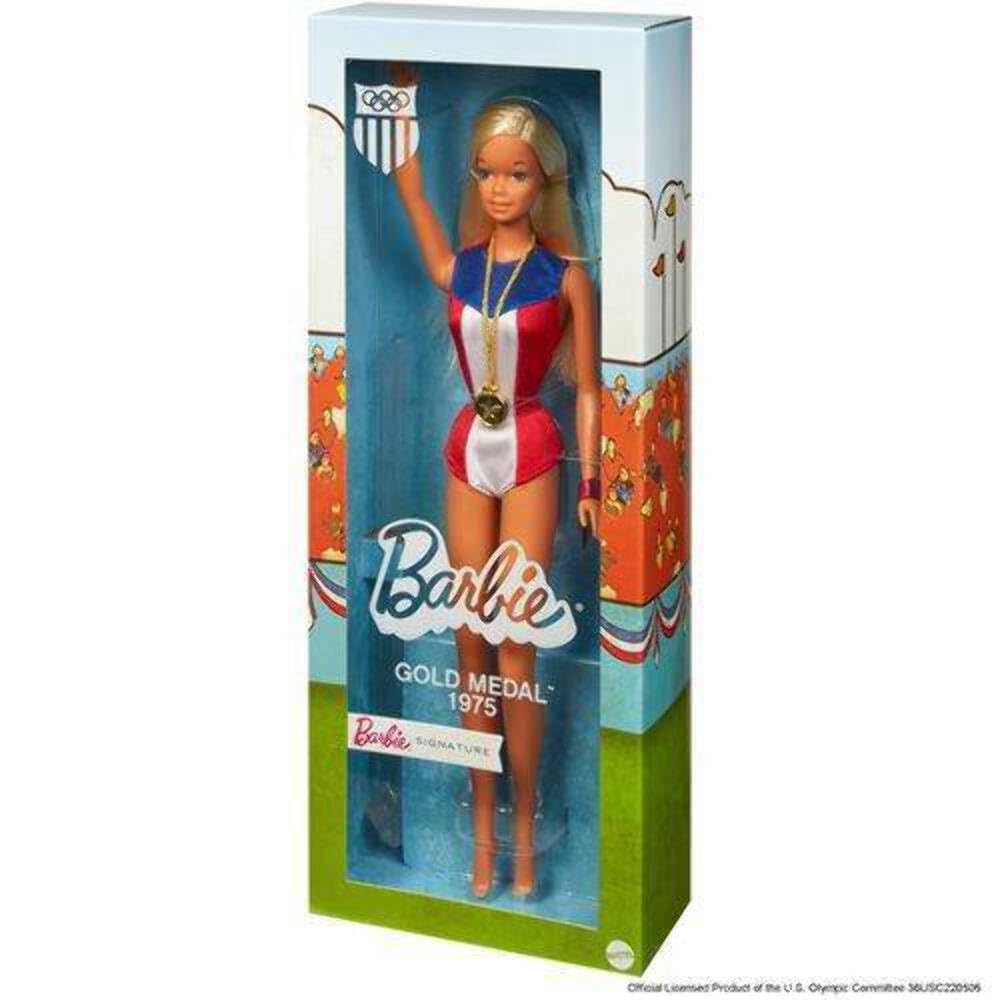 Barbie 1975 Gold Medal Doll Reproduction, Wearing Olympics-Themed One-Piece and Gold Medal Accessory. with Doll Stand and Certificate of Authenticity