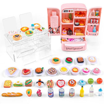 95 Pcs Dollhouse Refrigerator Mini Fridge Table Dining Car Toy with Food Set Kitchen Furniture Miniatures Party Fruits Juice Milk Desserts