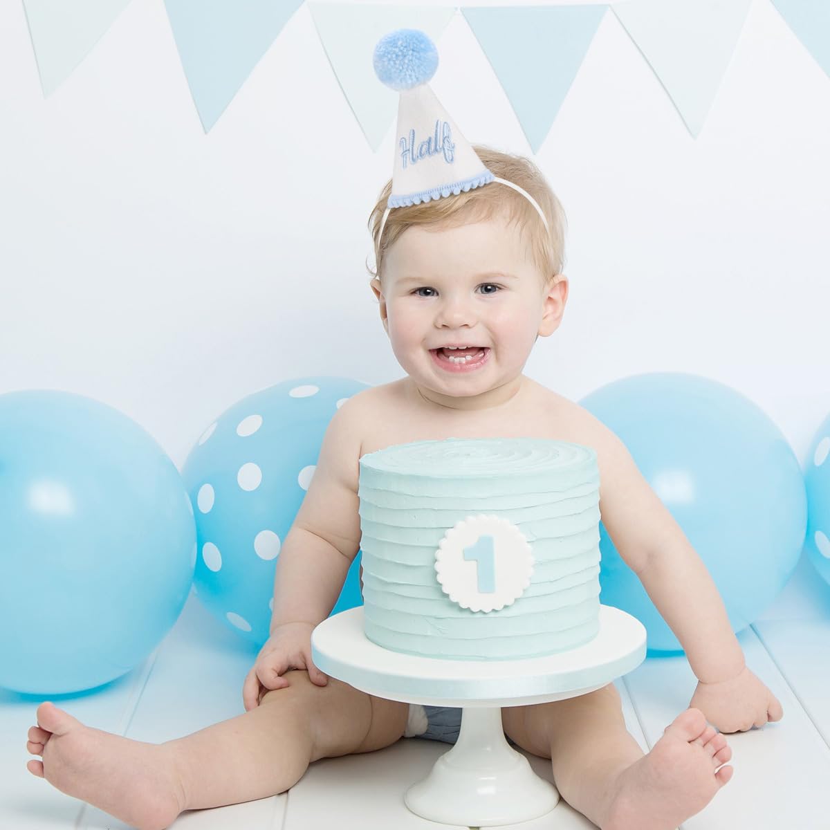 Kaniwati Boy Half Birthday Party Crown, Blue half Hat,Blue Half Birthday Embroidered Party Hat, Baby Decoration (BLUE-HALF-CXMZ)
