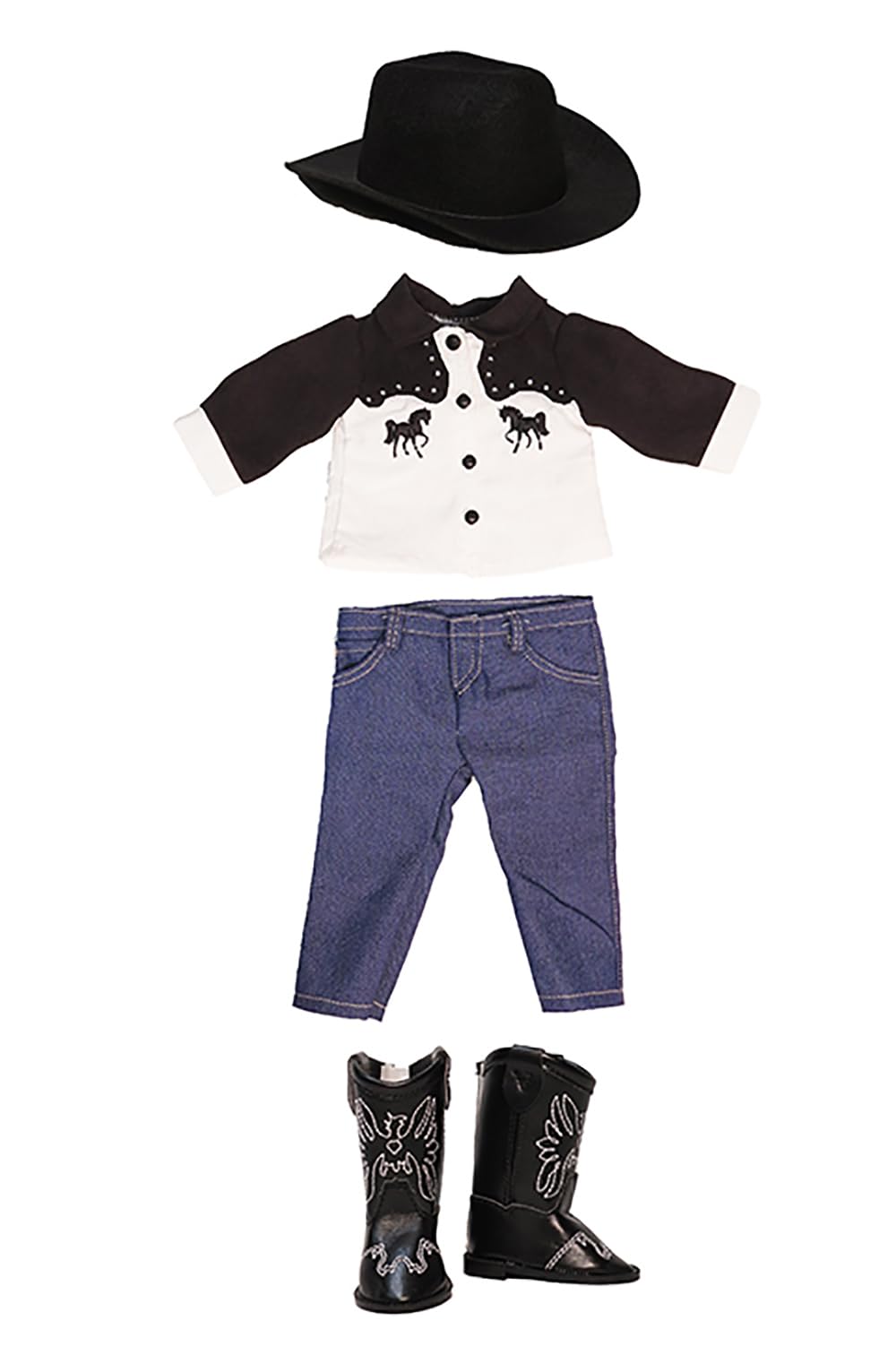 American Fashion World Western Cowboy/Cowgirl Outfit for 18 Inch Dolls - Shirt, Jeans, Black Cowboy Hat & Boots