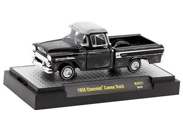 1958 Chevy Cameo Pickup Truck Black Metallic with Graphics and Gray Top Lowriders Limited Edition to 5500 Pieces Worldwide 1/64 Diecast Model Car by