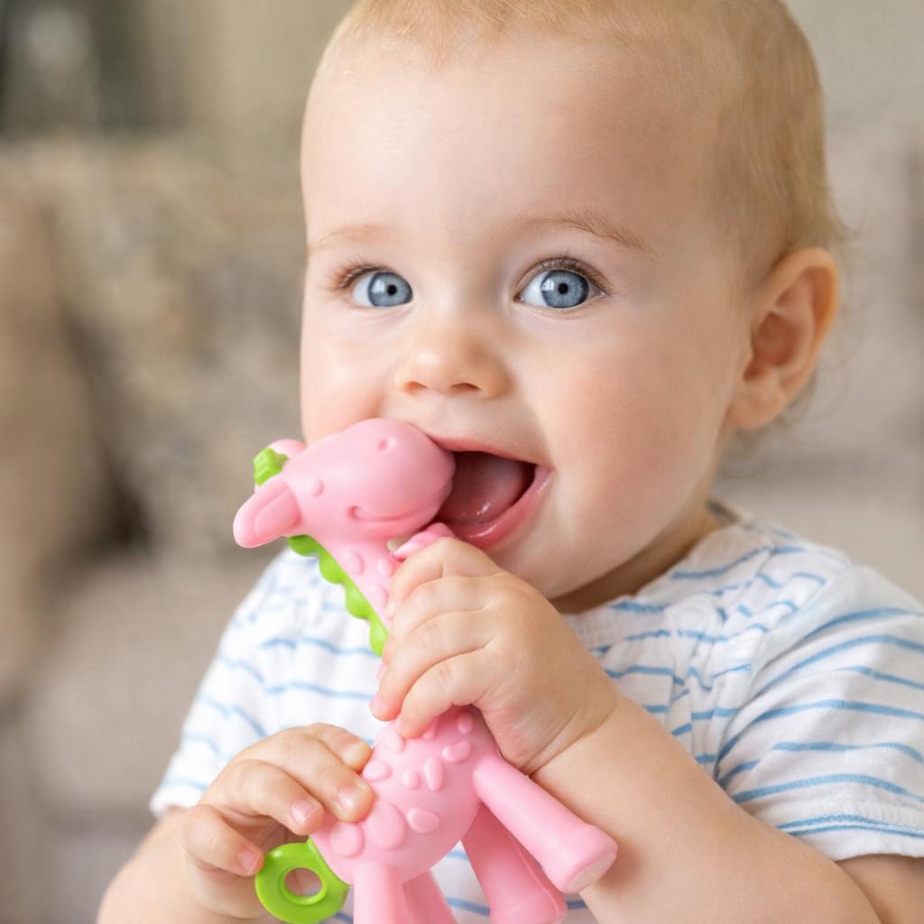 SHARE&CARE BPA Free Silicone Giraffe Baby Teether Toy with Storage Case, for 3 Months Above Infant Sore Gums Pain Relief and Baby Shower, Baby
