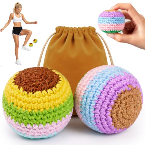 LAVKUHY Hand-Crocheted Footbag 2-Pack - Soft Knitted Kick Sacks for Stress Relief, Office Fidget & Outdoor Games, Includes Travel Pouch, Unique Gift