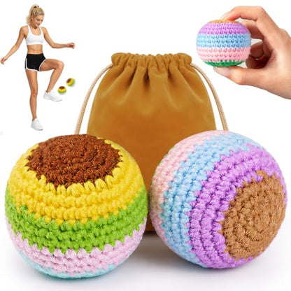 LAVKUHY Hand-Crocheted Footbag 2-Pack - Soft Knitted Kick Sacks for Stress Relief, Office Fidget & Outdoor Games, Includes Travel Pouch, Unique Gift