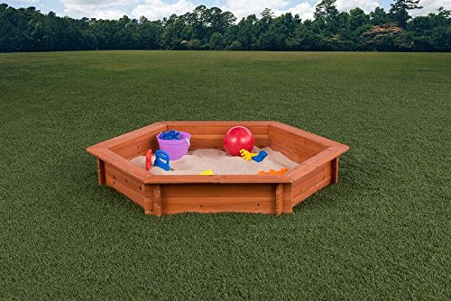 Hexagon Wooden Sandbox w Seat Boards | Eco-Friendly Cover & Ground Liner | 59" x 51" x 9" | 3/4" Cedar Boards | Easy DIY Assembly | Holds 300+ lbs