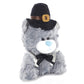 Plushland Stuffed Qbeba Pilgrim Bear - with Cute Hat and Collar - Plush Stuffed Toy for Kids on Thanksgiving Day - 6 Inches - Gray