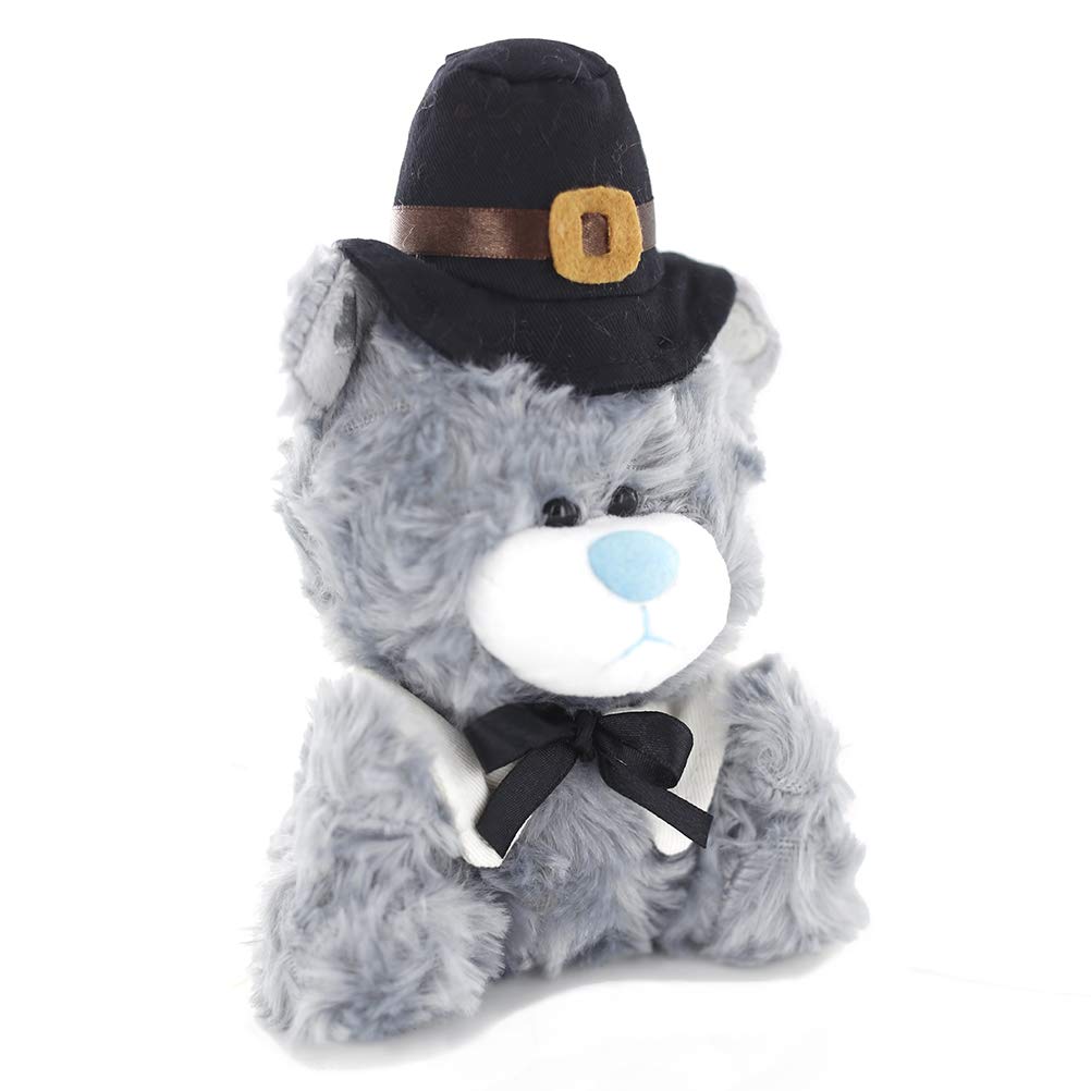 Plushland Stuffed Qbeba Pilgrim Bear - with Cute Hat and Collar - Plush Stuffed Toy for Kids on Thanksgiving Day - 6 Inches - Gray