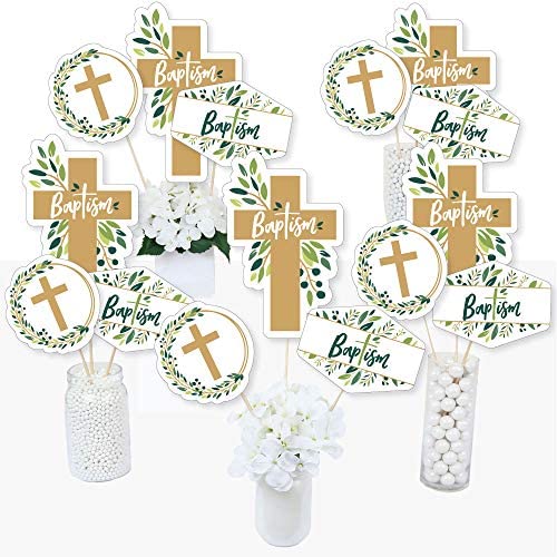 Big Dot of Happiness Baptism Elegant Cross - Religious Party Centerpiece Sticks - Table Toppers - Set of 15