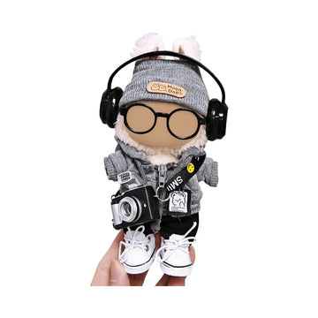 7pcs Outfit for Labubu 17cm Doll Cloth Set LBB Clothing and Accessories Hoodie Pants Shoes Hat Glasses Camera Headphone (No Doll)