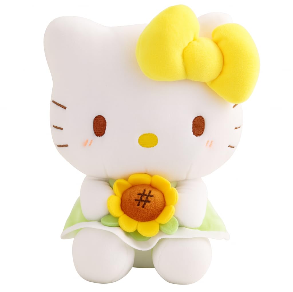 AlphaDesignLuxe 13? Kitty Plush Toy - Kawaii Cat Stuffed Animal with Yellow Bow & Sunflower, Soft Plush Doll Gift for Kids, Teens & Collectors