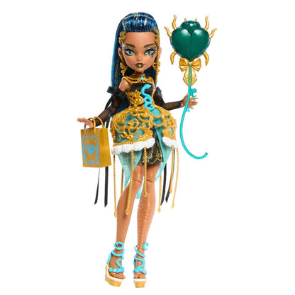 Monster High Scary Sweet Birthday Doll, Cleo De Nile in Golden Party Dress with Themed Accessories Like Invite, Balloon, Gift, Lipstick and More