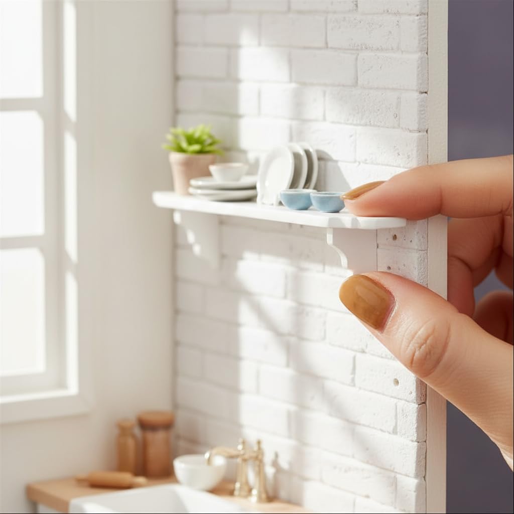 Calsgkspray Dollhouse Wall Shelf, 1:12 Scale Miniature Dollhouse Accessories, White Doll House Storage Wall Shelf for Kitchen Scene