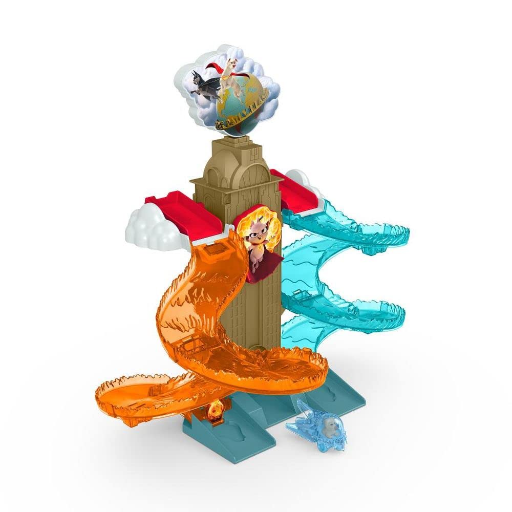 Fisher-Price DC League of Super-Pets Daily Planet Rescue die-cast Vehicle Racetrack playset with Vehicle Launcher and 2 ramps for Kids Ages 3 and up