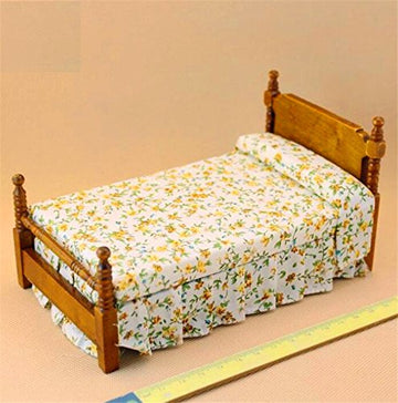 EatingBiting 1:12 Vintage Flower Print Bed, mini House Miniature Furniture Wooden Single Bed Traditional Flower, DIY Scene House Home Furniture Craft