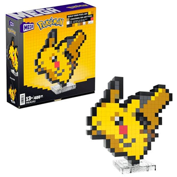 Mega Pokémon Pikachu Construction Set, Articulated Figure, Retro Pixelated Style, 15 cm, Wall or Table Decoration, 400 Pieces, Collectable, Children's