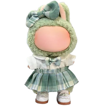 Clothes for Labubu 3-Piece Cotton Uniform Set with Bow Clip, Bow Tie Shirt & Plaid Skirt for 17cm Dolls(No Doll,No Shoes) (Green)