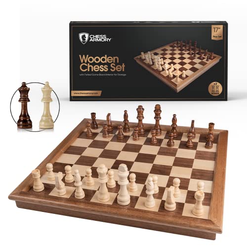 Chess Armory Wooden Chess Set - 17-Inch Large Chess Board with Felted Storage Box, Extra Queens & Handcrafted Staunton Pieces