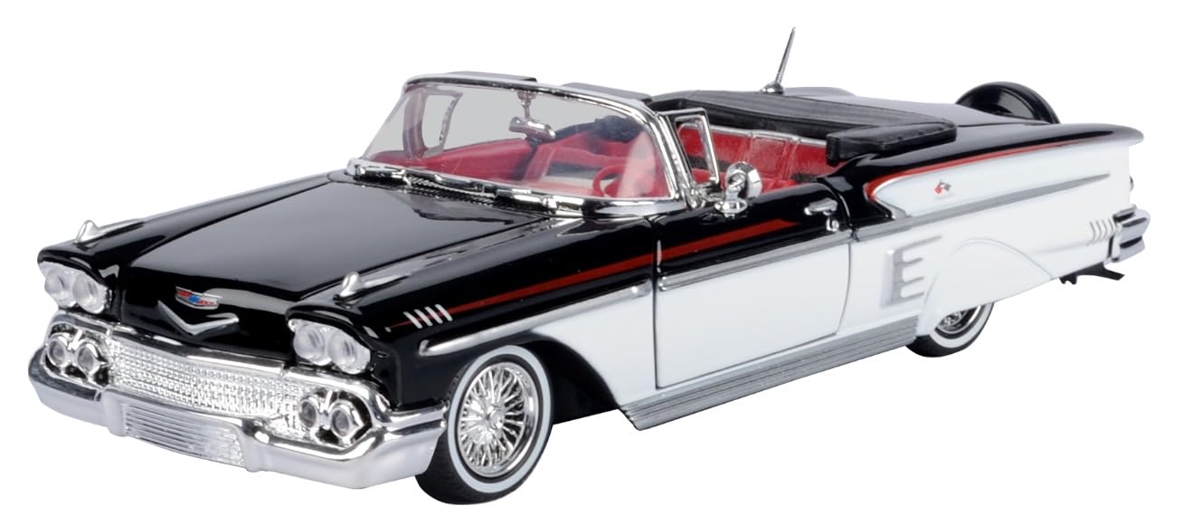 1958 Chevy Impala Convertible Lowrider Black and White with Red Interior Get Low Series 1/24 Diecast Model Car by Motormax 79025 for Unisex Adult
