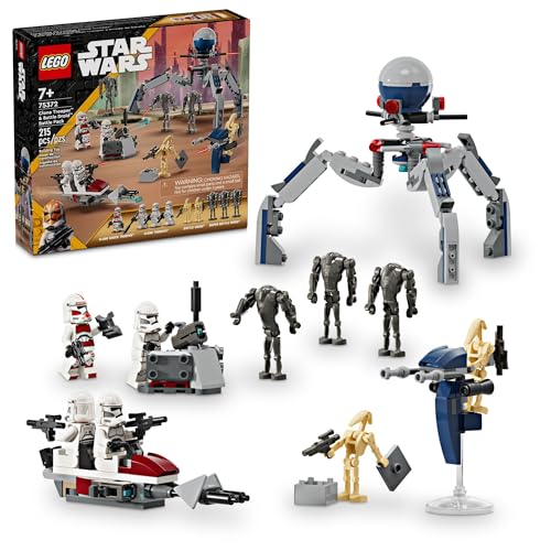 LEGO Star Wars Clone Trooper & Battle Droid Battle Pack Set for Kids, Buildable Toy Speeder Bike Vehicle, Tri-Droid and Defensive Post, Collectible,