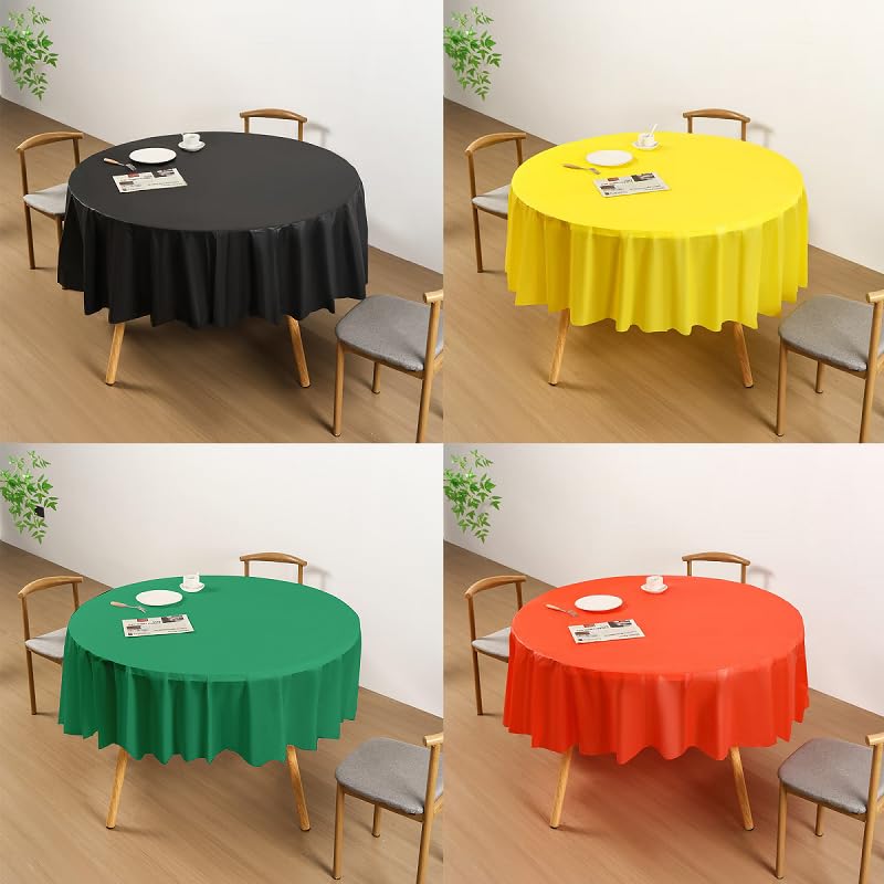 MEILINJIAN 12Pcs Red Green Yellow Black Tablecloth Plastic,Disposable Black History Month Table Cloth Round Table Cover for Party Decoration 84Inch