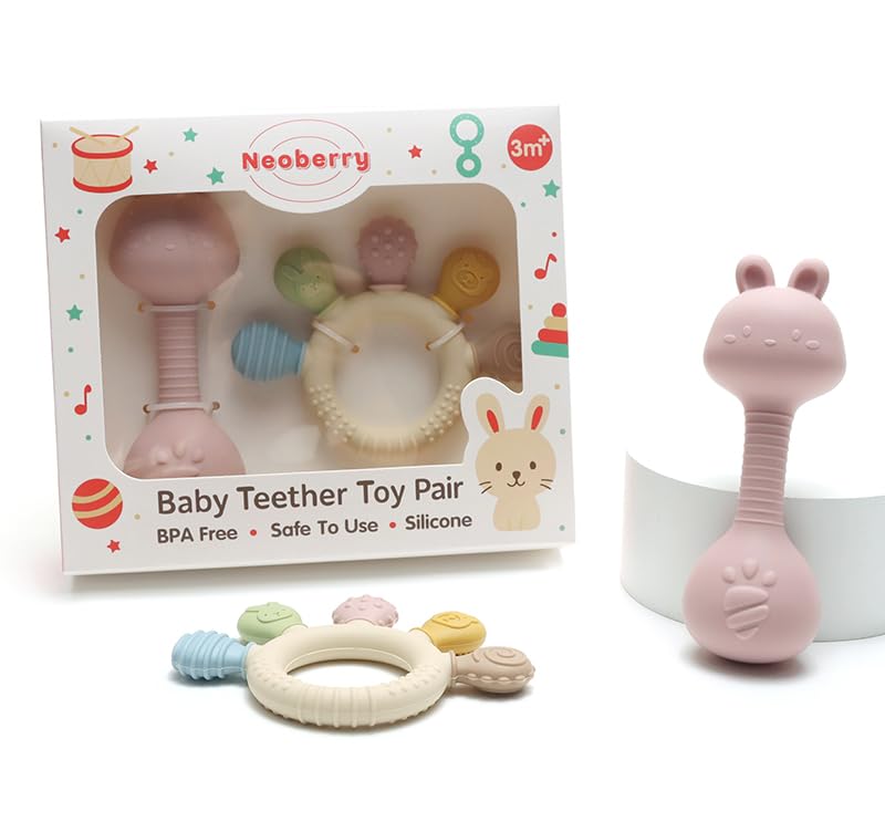 Neoberry Baby Teether and Rattle Toy Set, BPA-Free, Food-Grade Silicone, Easy-Grip Teething Rattle for Babies, Soothing Teething Toy, Infant Sensory