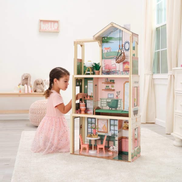 KidKraft Click & Play Fully Assembled Pop-Up Wooden Dollhouse; 50 Pieces