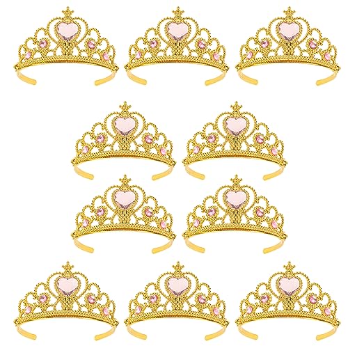 XiangGuanQianYing Princess Dress Up Crowns and Tiaras for Child from 3 Years Up Party Favors Pink Tiara Plastic Gold Tiara(10 Pack) (Heart Pink)