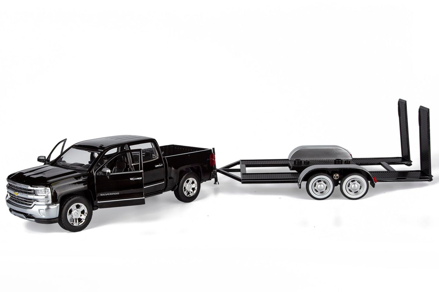 Motormax 2018 Chevy Silverado 1500 LTZ Crew Cab Pickup Truck with a Car Hauler, Truck & Tow Trailer Combo, 1/27 Scale Diecast Model, Black, All Star