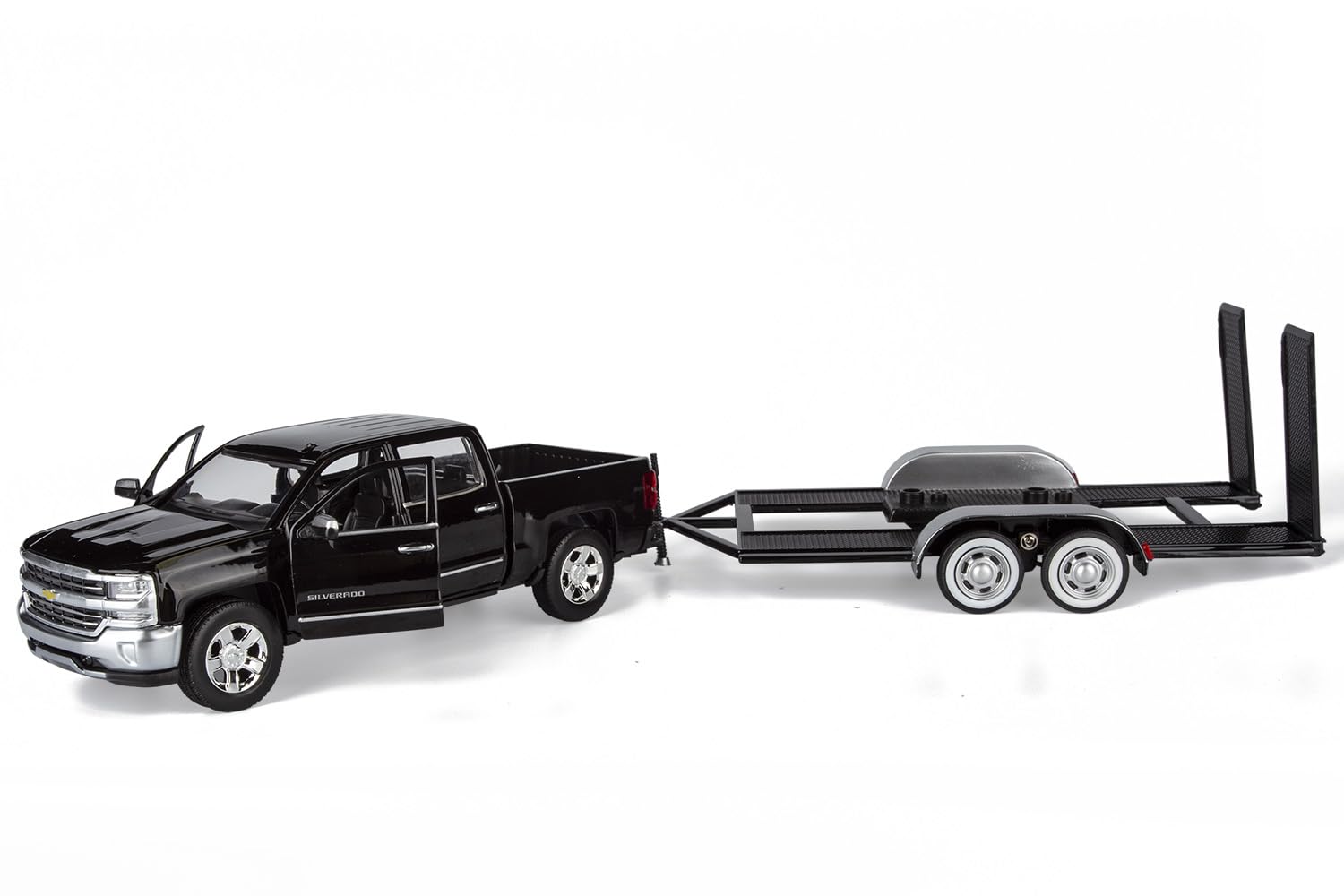 Motormax 2018 Chevy Silverado 1500 LTZ Crew Cab Pickup Truck with a Car Hauler, Truck & Tow Trailer Combo, 1/27 Scale Diecast Model, Black, All Star