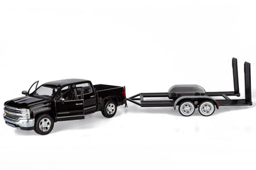 Motormax 2018 Chevy Silverado 1500 LTZ Crew Cab Pickup Truck with a Car Hauler, Truck & Tow Trailer Combo, 1/27 Scale Diecast Model, Black, All Star