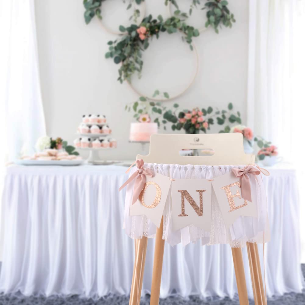 Rose Gold Blush & White 1st Birthday Banner - Highchair Banner, Party Decoration