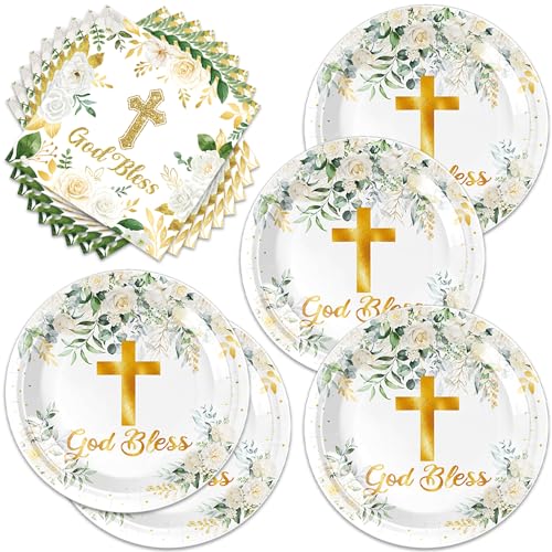 Frypeas 40Pcs God Bless Party Decorations Tableware Supplies 20 Plates and 20 Napkins for God Bless Baptism Party Decoration Serve 20 Guests