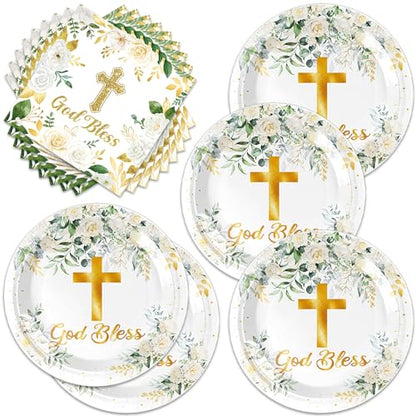 Frypeas 40Pcs God Bless Party Decorations Tableware Supplies 20 Plates and 20 Napkins for God Bless Baptism Party Decoration Serve 20 Guests
