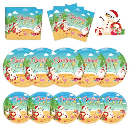 150Pcs Christmas in July Plates and Napkins - Merry Christmas Dinner Dessert Paper Plates Napkins Tableware Set for Hawaiian Beach Summer Xmas