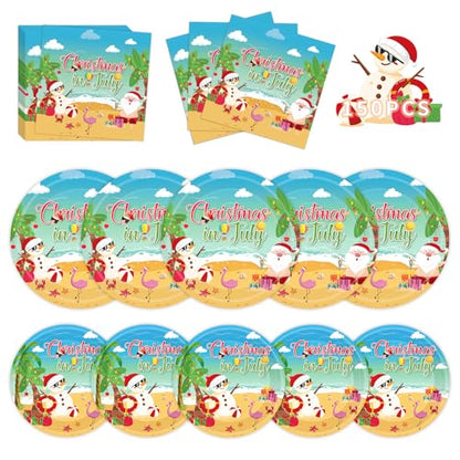 150Pcs Christmas in July Plates and Napkins - Merry Christmas Dinner Dessert Paper Plates Napkins Tableware Set for Hawaiian Beach Summer Xmas