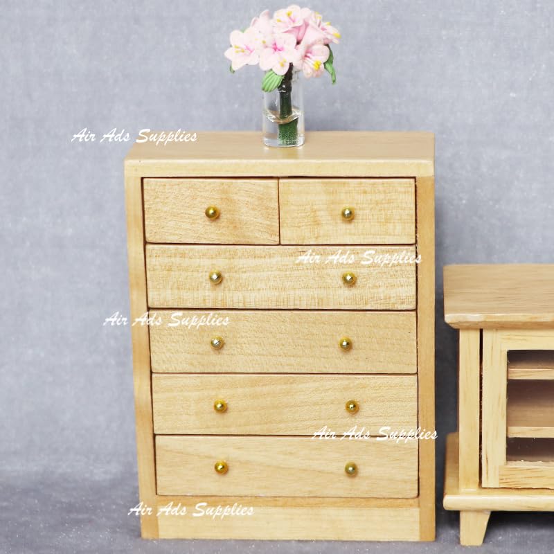 AirAds Dollhouse 1:12 Miniatures Furniture 6-Drawer Chest Dresser for Bedroom Clear Painted