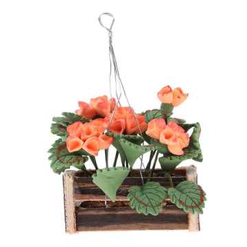 DYNWAVE 1:12 Scale Dollhouse Miniature Hanging Flower Basket, Clay and Wood Plant Decor for Fairy Garden and Room Box Scenes
