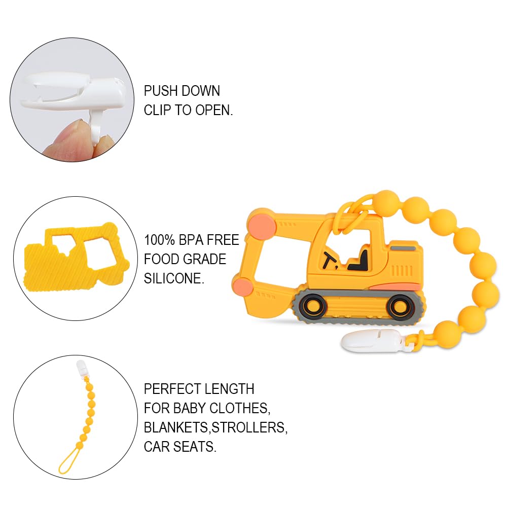 Baby Construction Vehicles Teething Toys,Food Grade Silicone Teether with One-Piece Pacifier Clip Holder,Best Shower Gift for 3 Months+ Boy