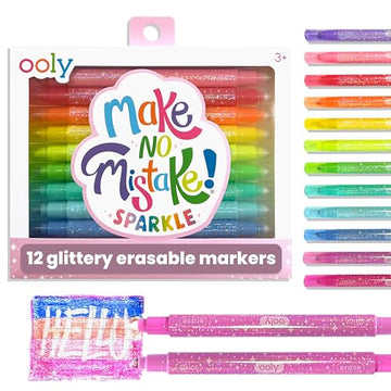 Ooly Make No Mistake Glittery Erasable Markers, 12 Stress and Mess Free Sparkle Markers You Can Erase, Colorful Supplies for Any Arts & Crafts