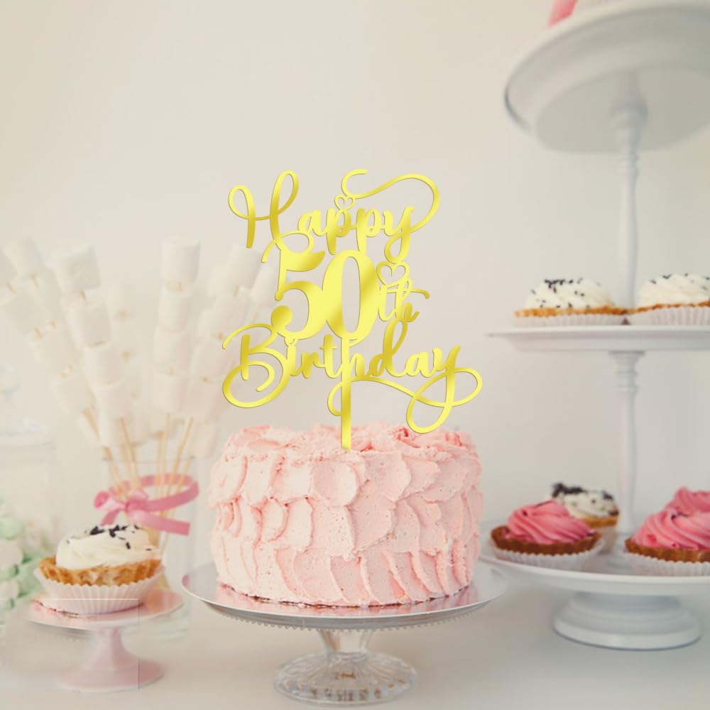 Ruscalin Happy 50th Birthday Cake Topper?Mirrored Gold Acrylic Birthday Topper for Cheers to 50 Years Birthday/Anniversary Party Decoration Ideas