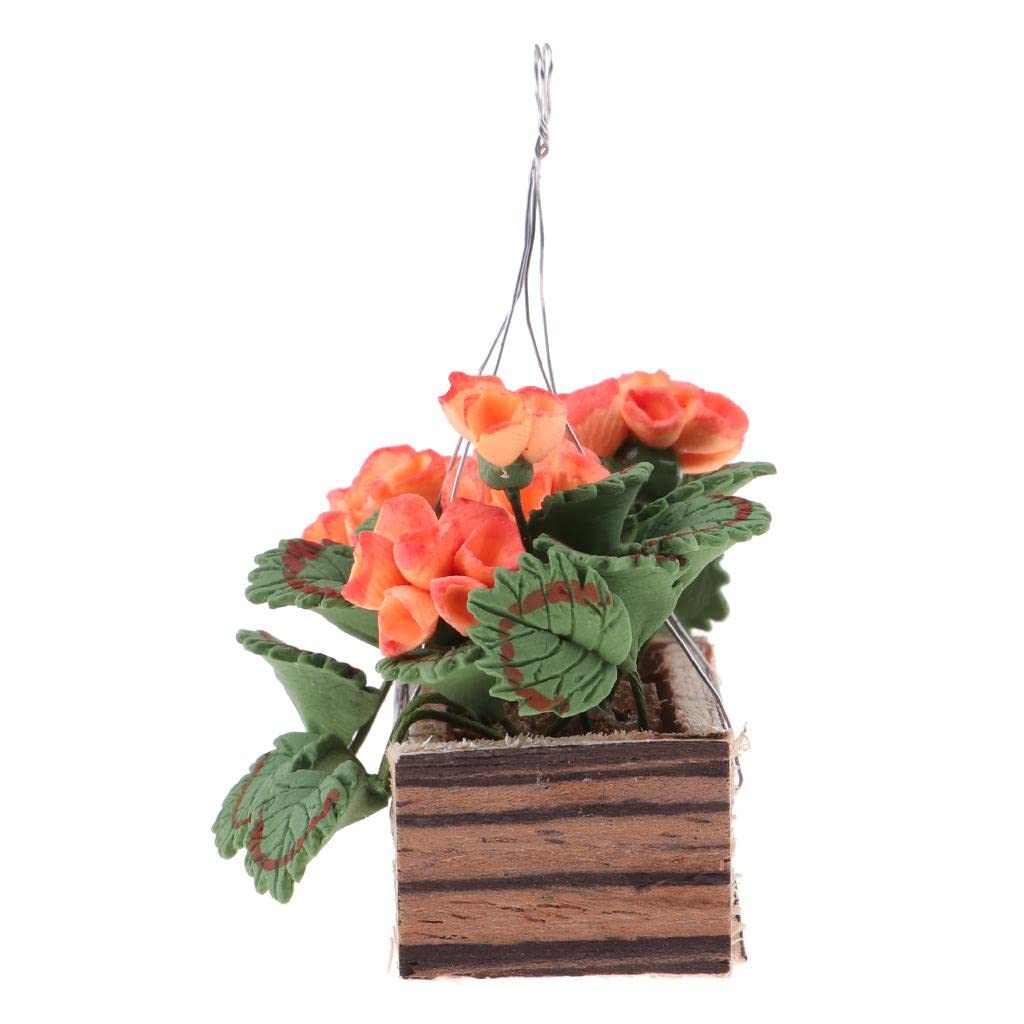 DYNWAVE 1:12 Scale Dollhouse Miniature Hanging Flower Basket, Clay and Wood Plant Decor for Fairy Garden and Room Box Scenes