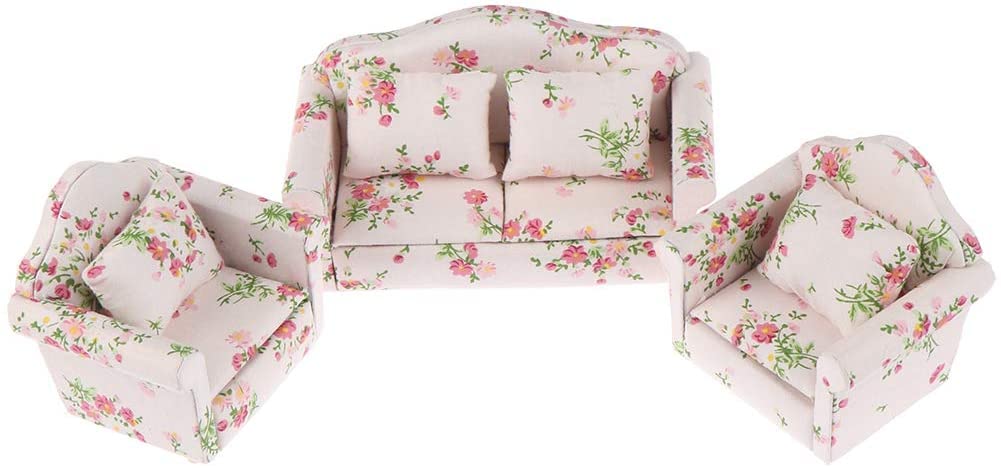 Dollhouse Furniture Set 3 Pcs 1:12 Dollhouse Miniature Wooden Sofa Cushions Armchair Pillow Kit Dolls House Furniture Couch with 1 Pc Dollhouse
