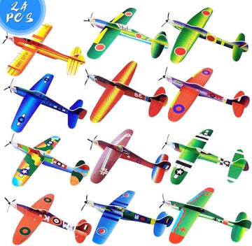 IJRPLM 24 Pack Foam Glider Planes, 8" Airplane Toy, 12 Different Designs for Boys, Individually Packed Outdoor Flying Toys, Party Favors for Kids 8-12